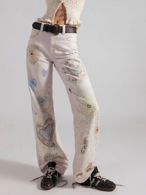 Free People We The Free Tinsley Printed Jeans in Illusions Heirloom Ivory 25 NEW